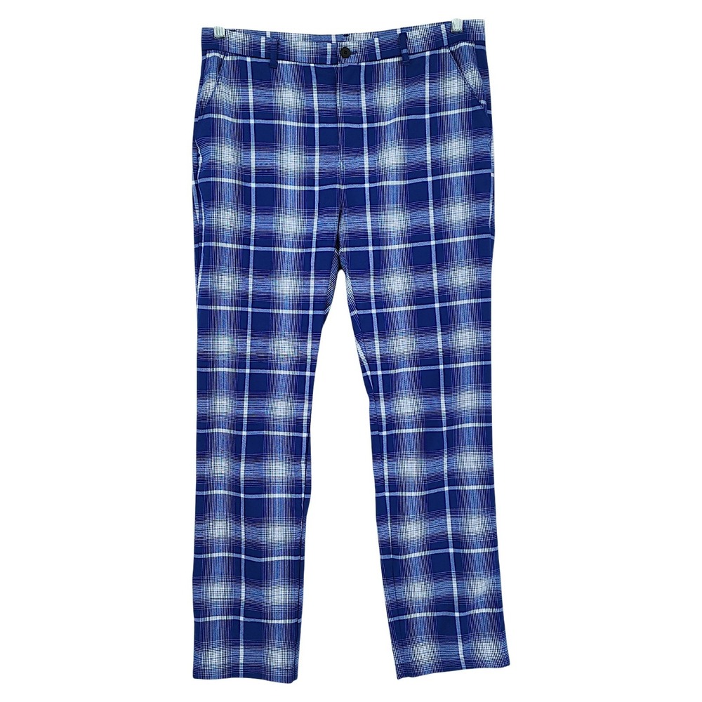boohooMAN Plaid Pants 34 x29 Men Blue Check Tapered Slim Trousers Streetwear